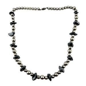 Vintage Chunky Polished Hematite Nugget Silver Tone Beaded 19.5” Necklace
